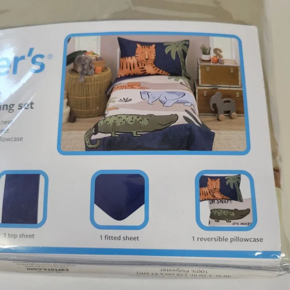 Carters 4pc Toddler Bedding Set Jungle Animal Tiger Elephant Safari Zoo Navy Tan
